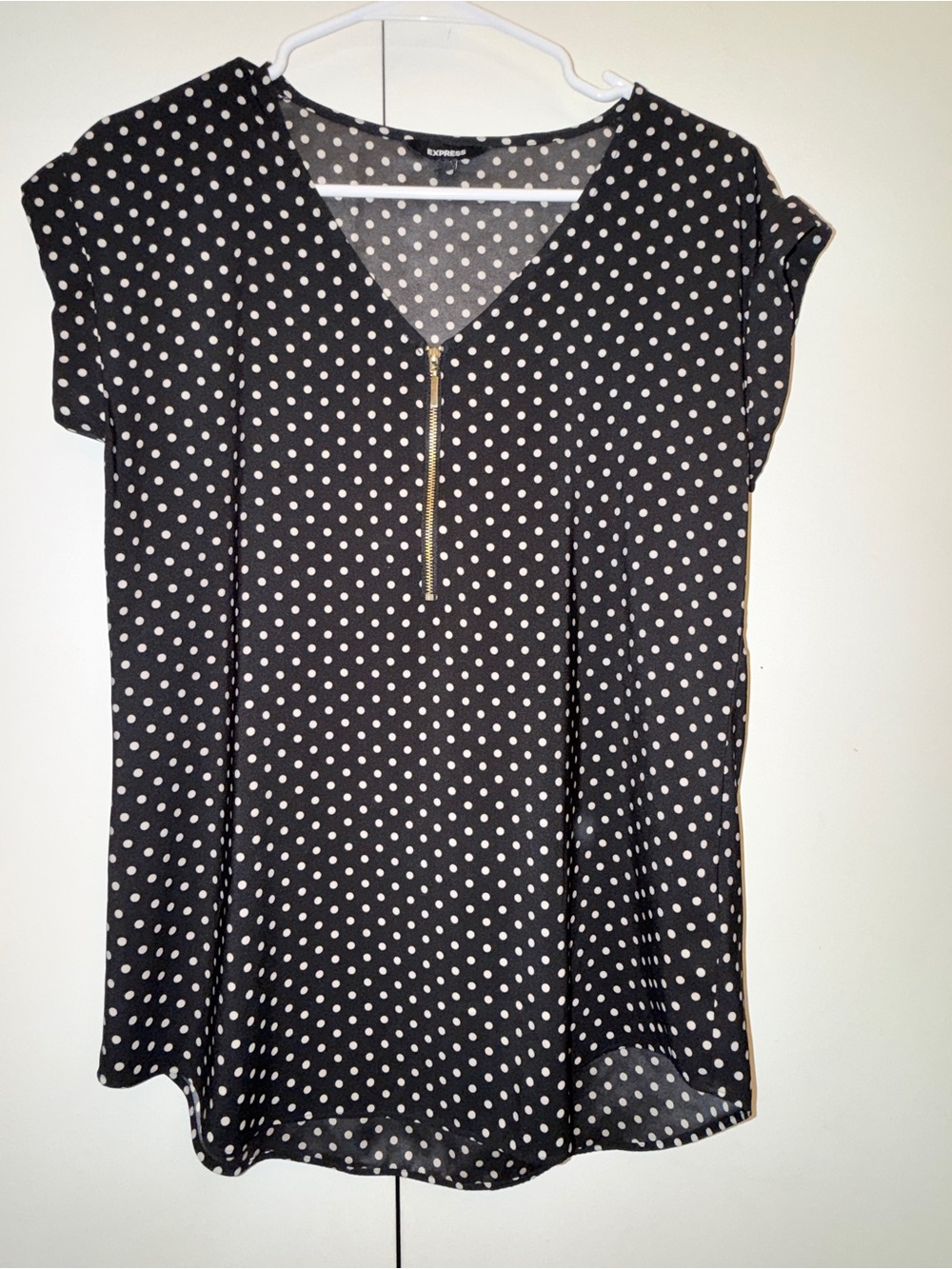 Polka Dot V-Neck Zip Front Blouse - Black/White